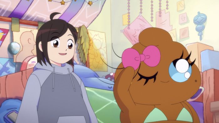 Awkwafina's Boys character looks on as her sentient poop admires her barrette
