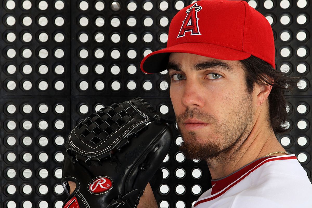 TEMPE, AZ - FEBRUARY 29:  Dan Haren #24 of the Los Angeles Angels poses during spring training photo day on February 29, 2012 at Tempe Diablo Stadium in Tempe, Arizona.  (Photo by Jamie Squire/Getty Images)