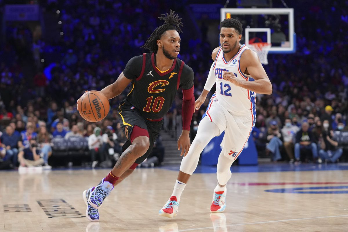 Cleveland Cavaliers guard Darius Garland (10) drives to the basket against Philadelphia 76ers forward Tobias Harris (12) in the first half at the Wells Fargo Center.