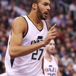 Utah Jazz center Rudy Gobert (27) shakes his finger at a referee after a foul call as the Jazz and the Thunder play at Vivint Smart Home arena in Salt Lake City on Wednesday, Dec. 14, 2016.  