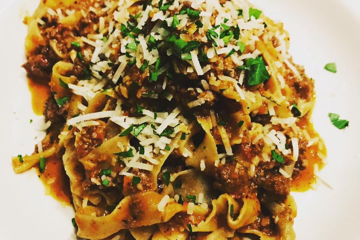 A view of Bizzarro Italian Cafe’s bolognese with pappardelle and elk, tossed with cheese.