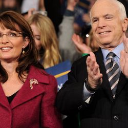 John McCain and his vice presidential candidate Sarah Palin attend a campaign rally at Giant Center in Hershey, Pennsylvania.