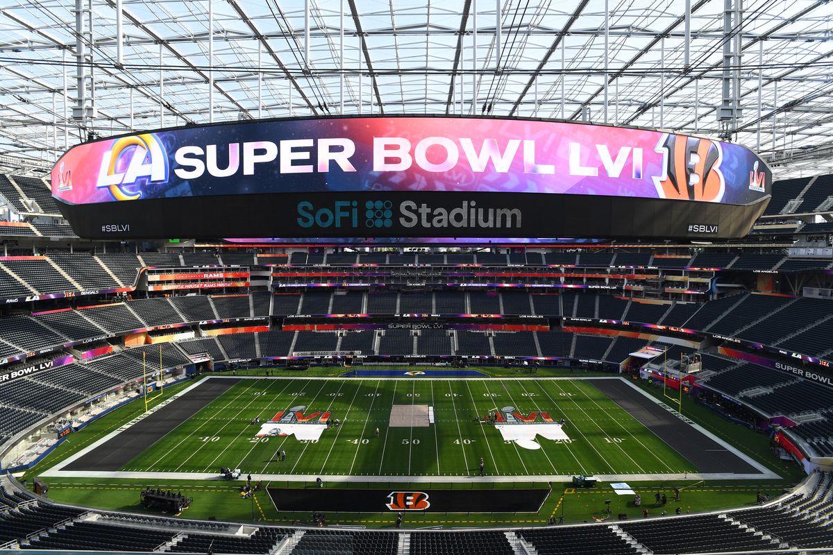 A wide view of the SoFi stadium in Inglewood, California, where the 2022 Super Bowl game between the Cincinnati Bengals and the Los Angeles Rams will be hosted.
