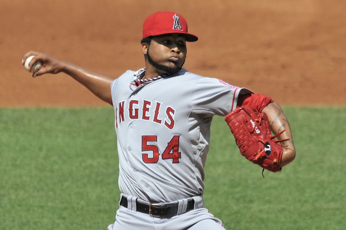 Jul 4, 2012; Cleveland, OH, USA; Los Angeles Angels starting pitcher Ervin Santana (54) delivers in the first inning against the Cleveland Indians at Progressive Field. Mandatory Credit: David Richard-US PRESSWIRE