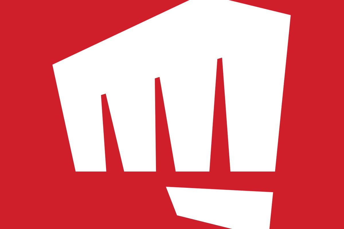 A closeup of the Riot Games logo “fist”