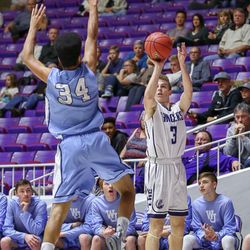Layton's Blake Hansen (3) shoots from the corner at the Class 5A State basketball tournament Tuesday, March 1, 2016, at Weber State. Layton advances with a solid 54-38 win over West Jordan.