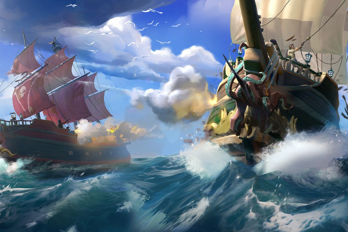 Two ships chase each other through the Sea of Thieves