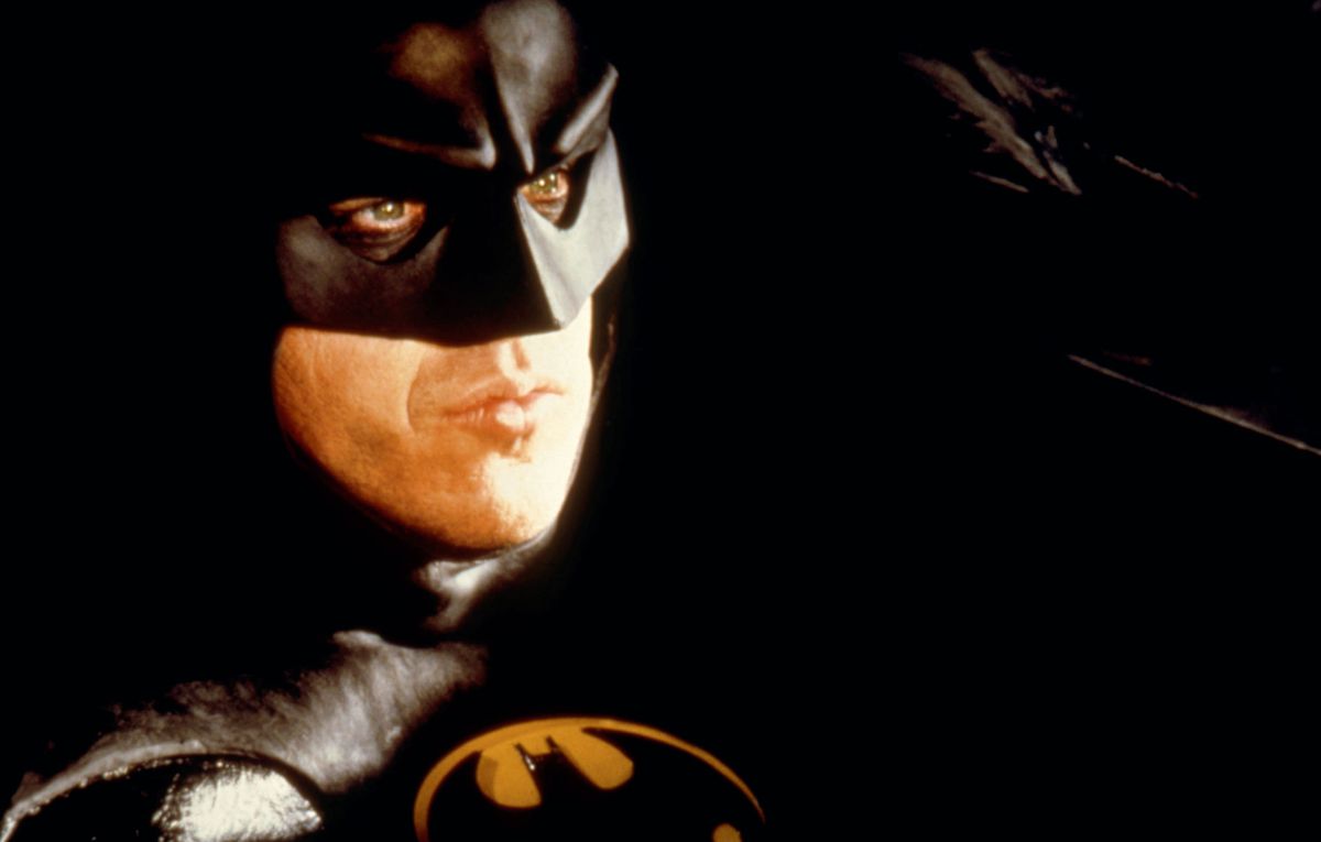Michael Keaton in close-up in the Batsuit in Tim Burton’s 1989 movie Batman