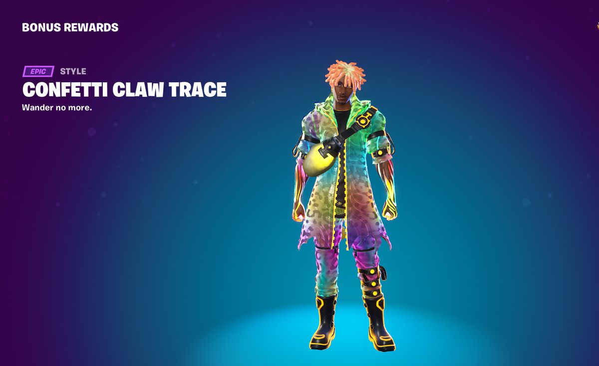 Trace from Fortnite in a rainbow cheetah print outfit