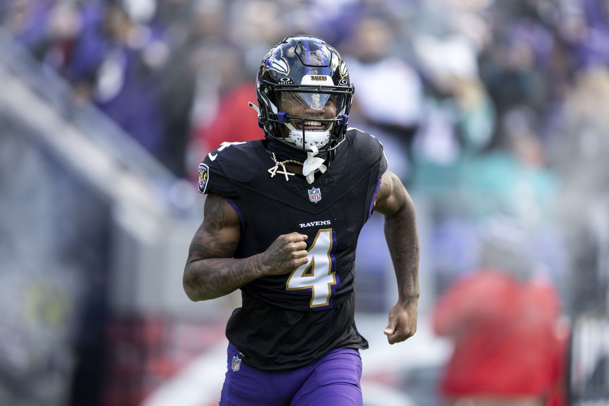 Zay Flowers #4 of the Baltimore Ravens reacts as he takes the field prior to an NFL football game between the Baltimore Ravens and the Miami Dolphins at M&amp;T Bank Stadium on December 31, 2023 in Baltimore, Maryland.
