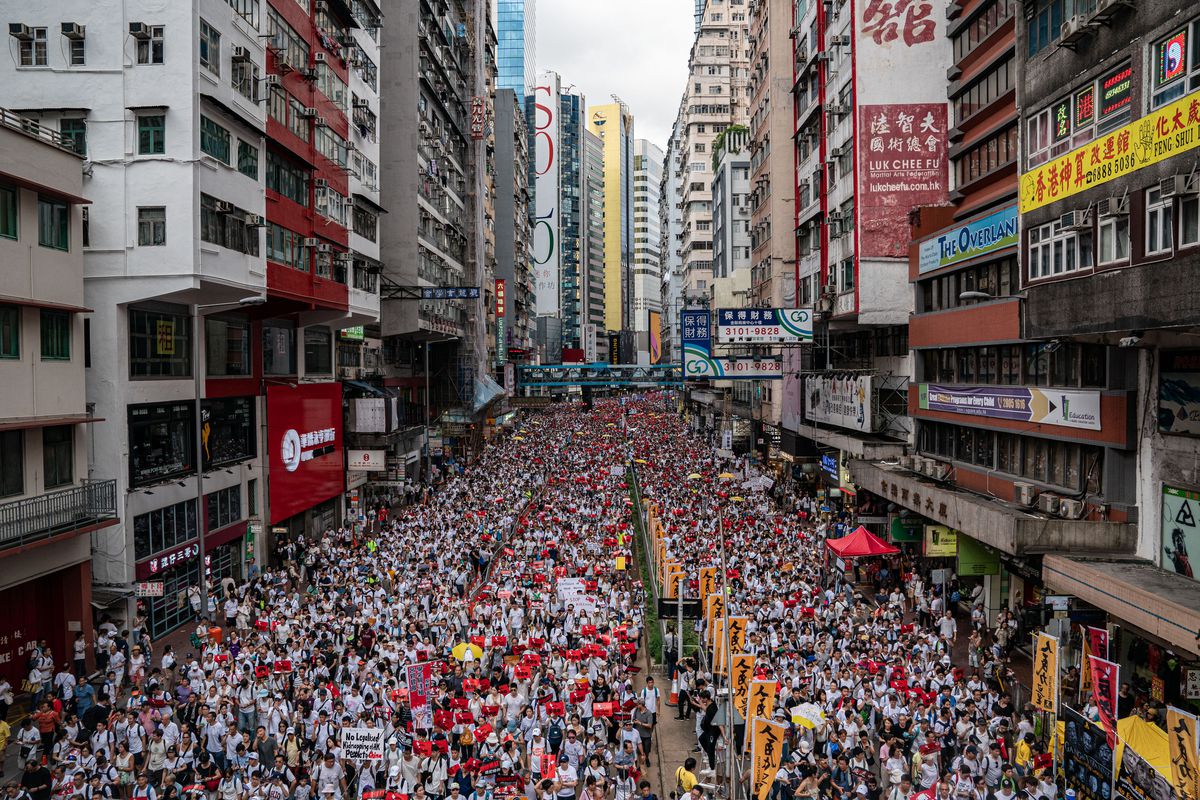 Protesters march against a new extradition law proposal on June 9, 2019 in Hong Kong.