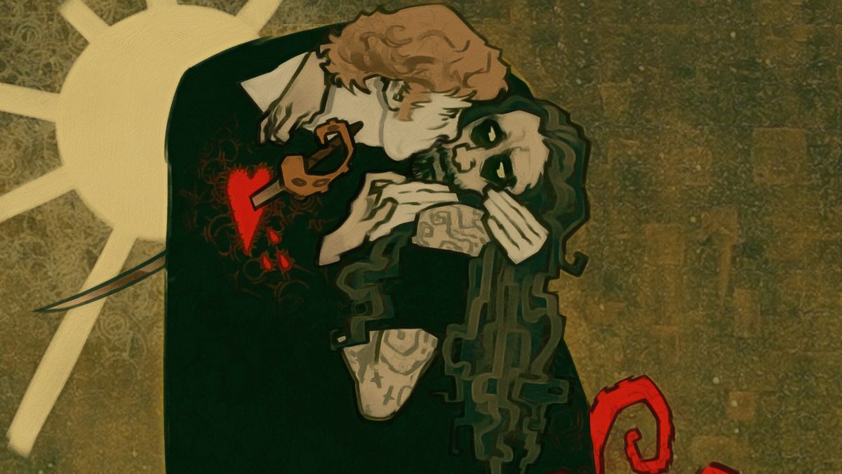 Rhys Darby and Taika Waititi kissing in Our Flag Means Death, rendered by a fan in a style inspired by Gustav Klimt’s famous painting The Kiss