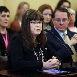 Melissa McOmber, of the Utah Medical Association, speaks during a discussion on HB154 at the Capitol in Salt Lake City on Monday, Feb. 13, 2017. The bill would would bar doctors from using telemedicine to remotely prescribe abortion-inducing medication.