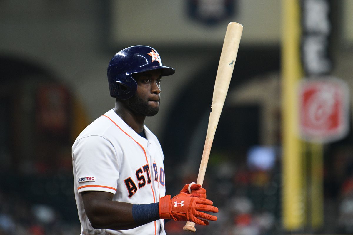 Yordon Alvarez #44 of the Houston Astros looks on during the game between the Tampa Bay Rays and the Houston Astros at Minute Maid Park on Thursday, August 29, 2019 in Houston, Texas.