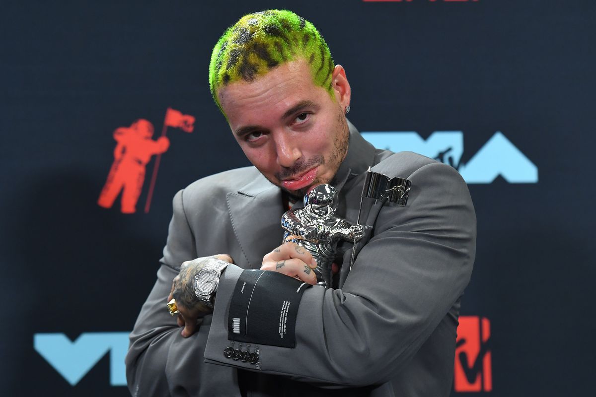 Colombian musician J Balvin poses in the press room during the 2019 MTV Video Music Awards in Newark, New Jersey.