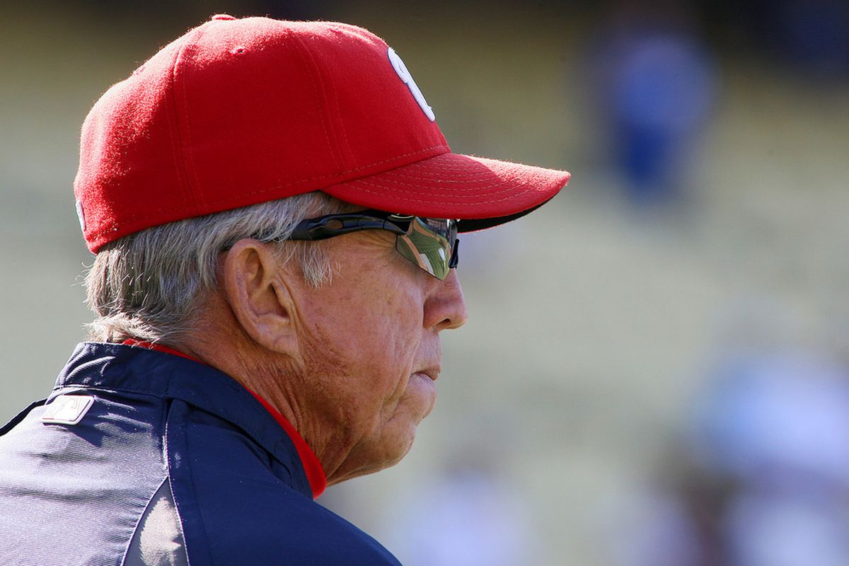 Apr 28, 2012; Los Angeles, CA, USA; Washington Nationals manager Davey Johnson (5) before a game against the Los Angeles Dodgers at Dodger Stadium.  Mandatory Credit: Jake Roth-US PRESSWIRE