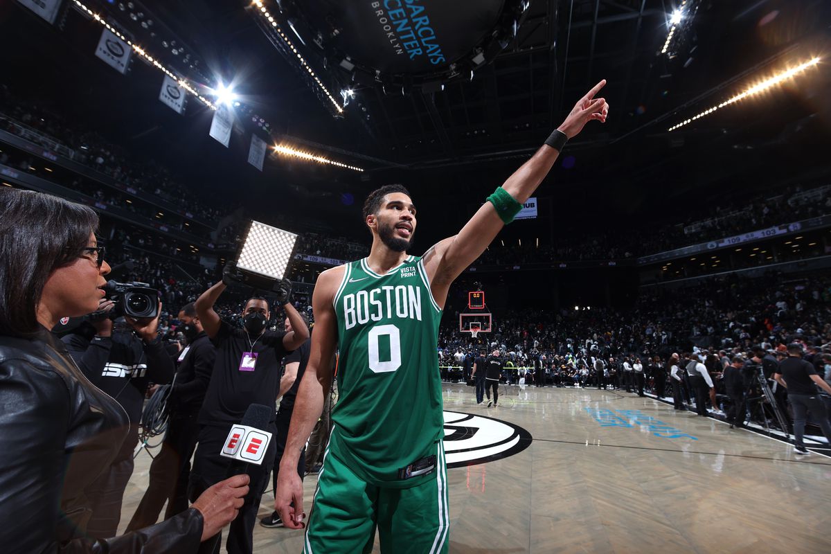 Jayson Tatum #0 of the Boston Celtics looks on after the game against the Brooklyn Nets during Round 1 Game 3 of the 2022 NBA Playoffs on April 23, 2022 at Barclays Center in Brooklyn, New York.