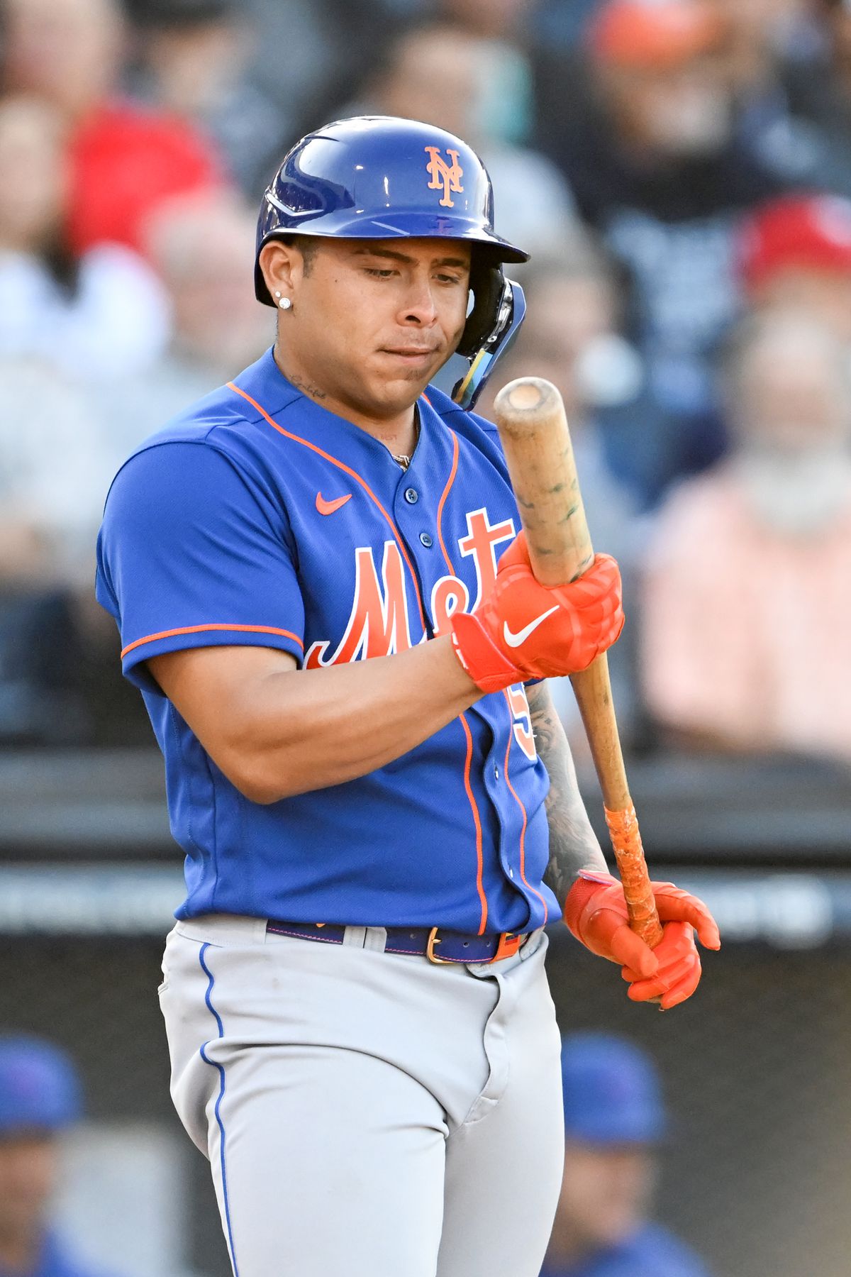 Francisco Alvarez #50 of the New York Mets bats during the second inning of a spring training game against the Washington Nationals at The Ballpark of the Palm Beaches on March 20, 2023 in West Palm Beach, Florida.