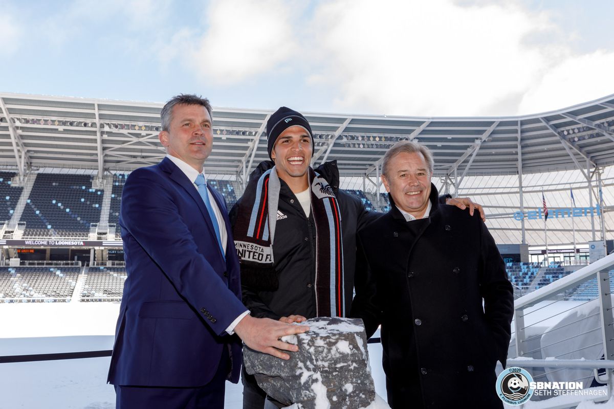February 9, 2020 - Saint Paul, Minnesota, United States - Minnesota United's new signing Luis Amarilla poses for photos with head coach Adrian Heath and technical director Mark Watson at Allianz Field. 
