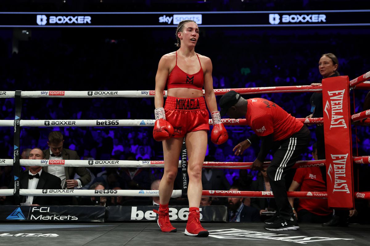 Mikaela Mayer reacts after defeat in the IBF, IBO, WBC and WBO Super Featherweight World Title fight between Mikaela Mayer and Alycia Baumgardner on the Shields vs Marshall Boxxer fight night which is the first women’s only boxing card in the UK at The O2 Arena on October 15, 2022 in London, England.