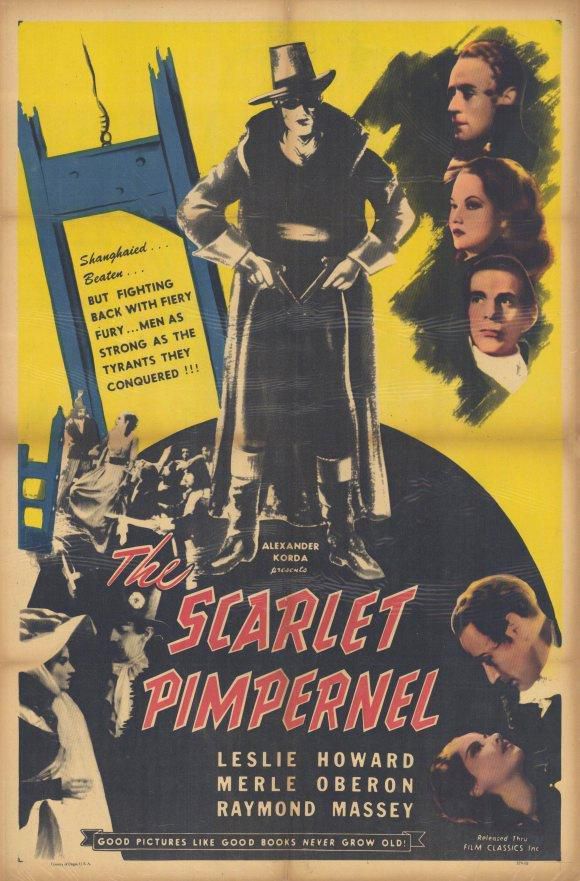 The Scarlet Pimpernel in mask, coat, and hat on a poster for 1934’s The Scarlet Pimpernel film. 