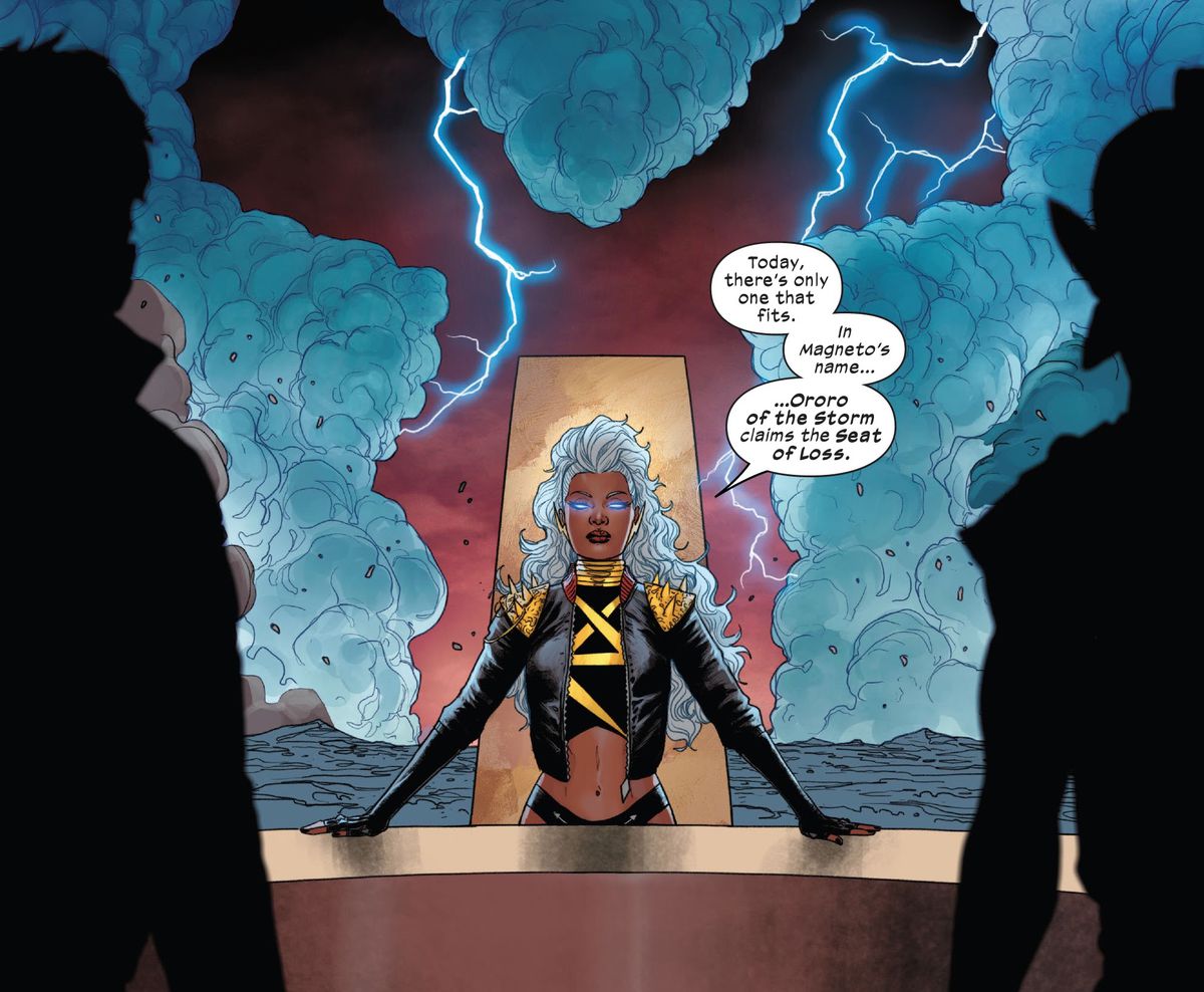 “In Magneto’s name,” Storm says, clouds and lighting swirling behind her in the shape of Magneto’s iconic helmet, “Ororo of the Storm claims the Seat of Loss,” in X-Men Red #7 (2022). 