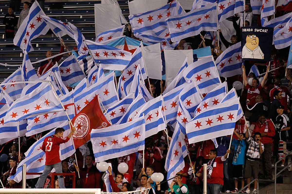 BRIDGEVIEW IL - SEPTEMBER 08: Fans of the Chicago Fire wave City of Chicago flags before an MLS match against Toronto FC on September 8 2010 at Toyota Park in Bridgeview Illinois. (Photo by Jonathan Daniel/Getty Images)