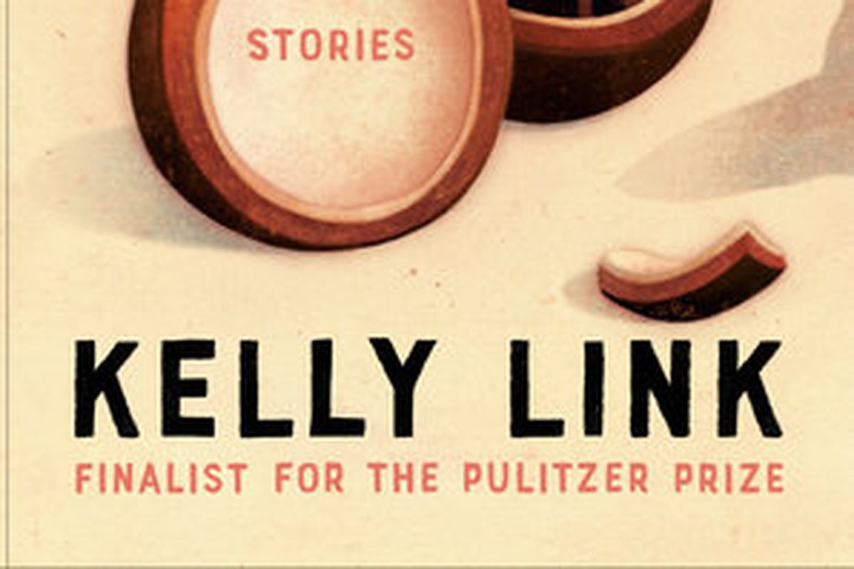A parchment-colored book cover depicts a broken nutshell. A small black dog sits in one half of the shell, and the word STORIES is superimposed on the other. On the right side of the cover we can see the shadow of pointed cat ears. The top of the cover says WHITE CAT, BLACK DOG, and the bottom says KELLY LINK, FINALIST FOR THE PULITZER PRIZE.