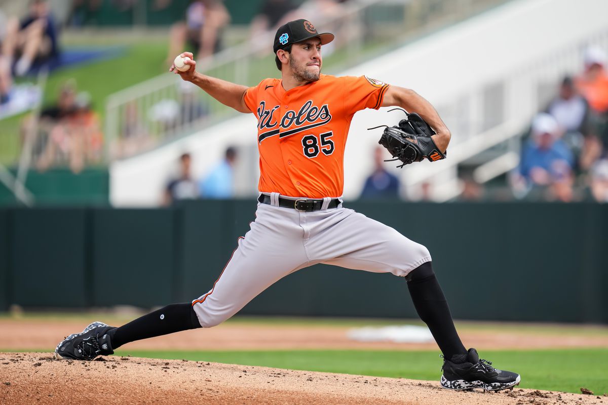 Grayson Rodriguez of the Baltimore Orioles pitches during a spring training game against the Minnesota Twins on March 7, 2023 at the Hammond Stadium in Fort Myers, Florida.