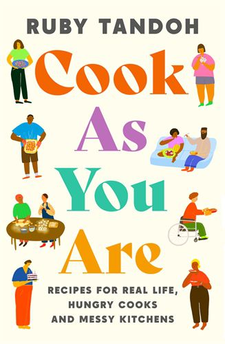 Cover for “Cook As You Are” with several illustrated figures standing with food.