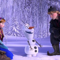 This file image released by Disney shows, from left, Anna, voiced by Kristen Bell, Olaf, voiced by Josh Gad, and Kristoff, voiced by Jonathan Groff, in a scene from the animated feature "Frozen." 