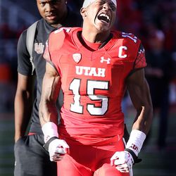 Utah Utes defensive back Dominique Hatfield (15) screams in frustration while walking off the field after a Utah loss to the Oregon Ducks at Rice-Eccles Stadium in Salt Lake City on Saturday, Nov. 19, 2016.