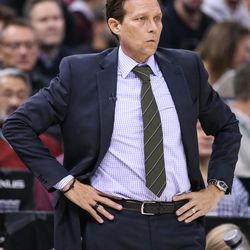 Utah Jazz head coach Quin Snyder watches the action during a game against the Chicago Bulls Vivint Arena in Salt Lake City Thursday, Nov. 17, 2016.