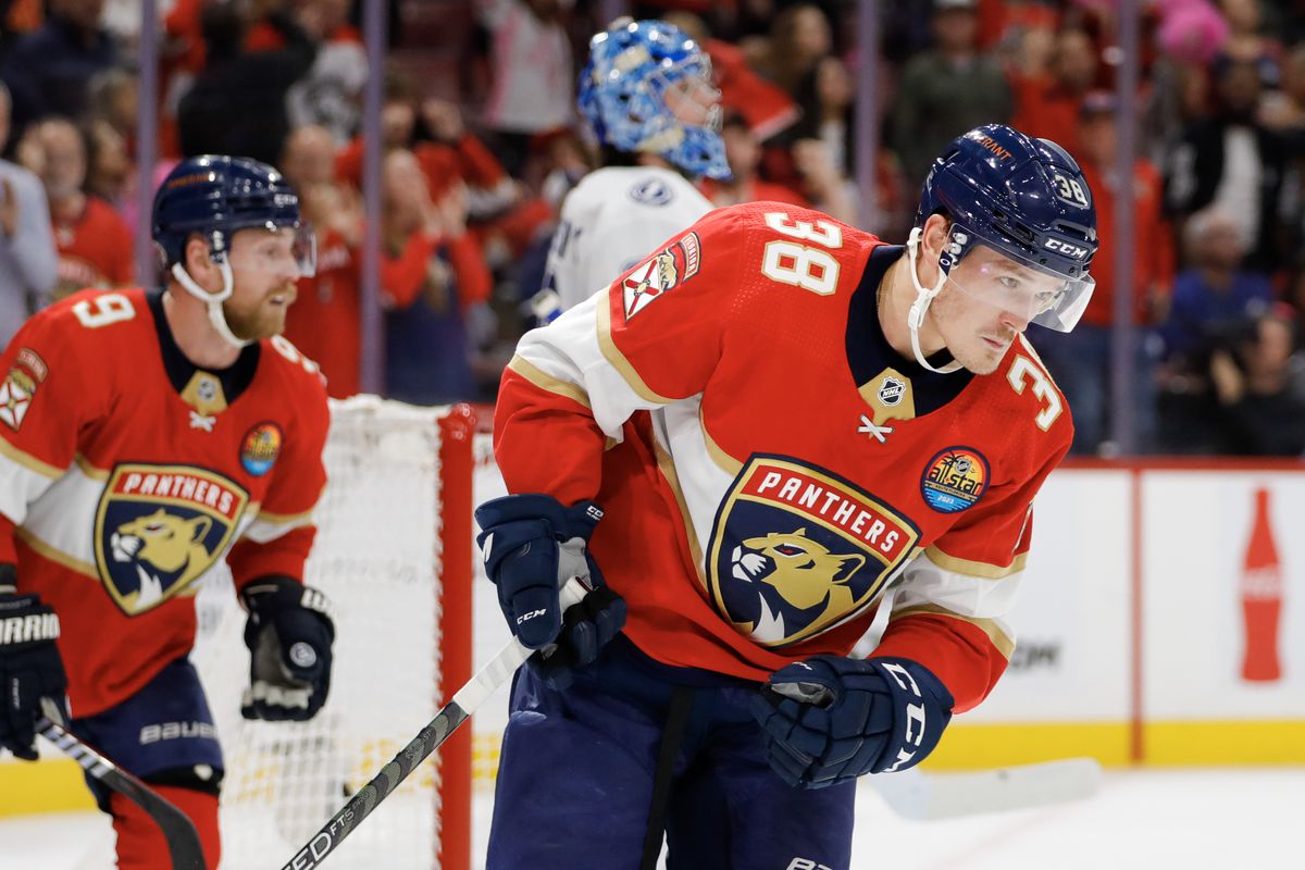 Oct 21, 2022; Sunrise, Florida, USA; Florida Panthers left wing Rudolfs Balcers (38) looks on after scoring during the second period against the Tampa Bay Lightning at FLA Live Arena.