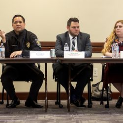 Dr. Kathy Franchek-Roa, left, Utah Attorney General Sean Reyes, Dan Strong, of the attorney general's office SECURE Strike Force, Andrea Sherman, director of the Refugee and Immigrant Center - Asian Association of Utah's Trafficking in Persons Program, and Suzie Skirvin, a trafficking survivor, attend a panel discussion on human trafficking at the Capitol in Salt Lake City on Tuesday, Jan. 22, 2019.