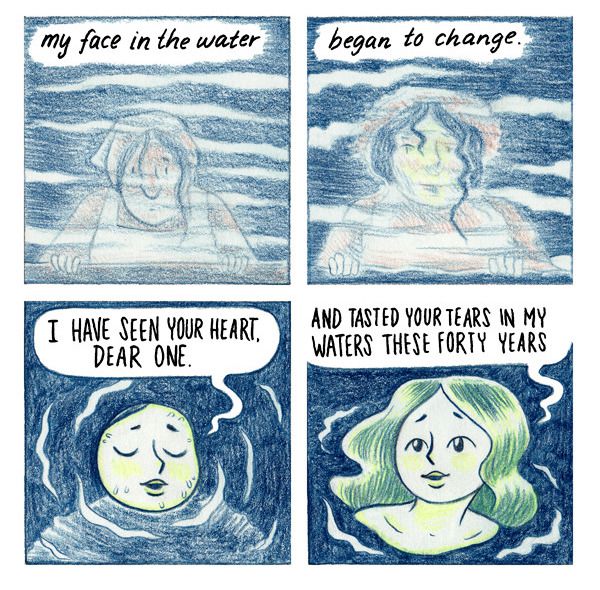 Four panels from Mel Gillman’s “The Fish Wife,” with a peasant woman looking at her reflection in the water, until it resolves into the face of a green-haired mermaid who speaks to her