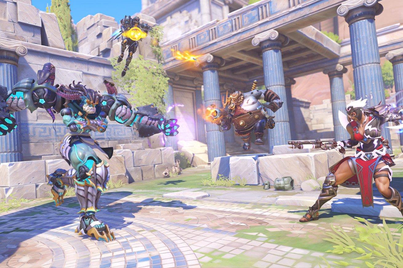Screenshot from Overwatch 2 featuring Overwatch heroes dressed in costumes evoking the Olympian gods