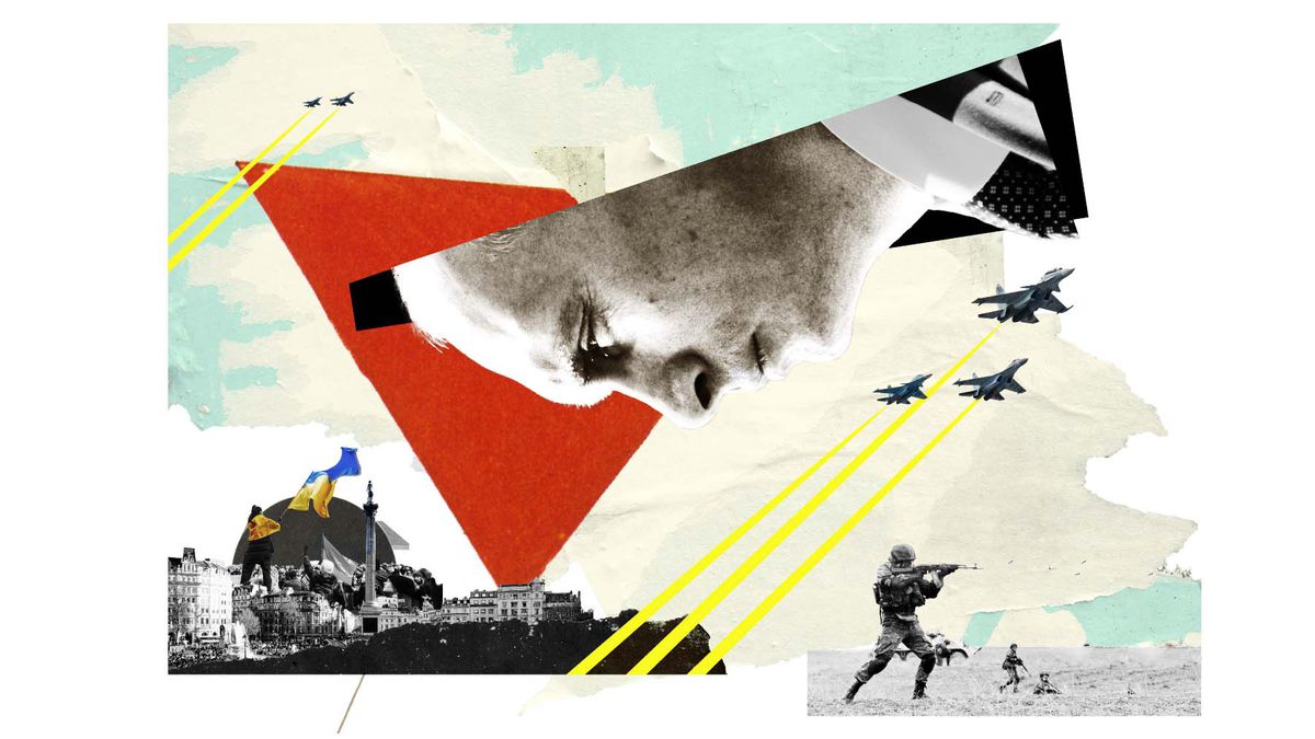 An illustration of Putin’s face above geometric shapes and images of wars.