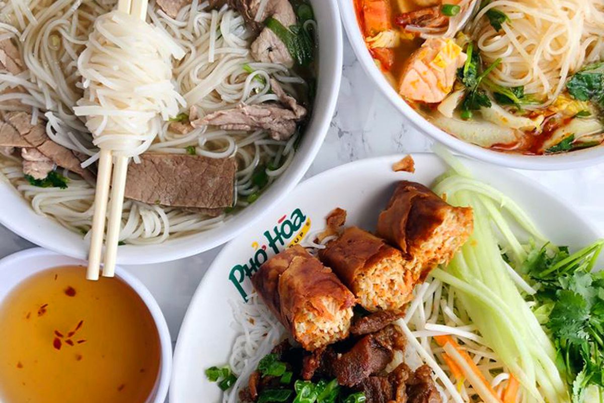 Bowls of pho noodle soup and grilled pork and fried rolls, on the menu at Pho Hoa and Jazen Tea in Henderson.