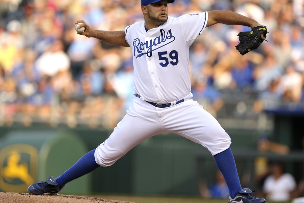KANSAS CITY, MO - MAY 5:  Felipe Paulino #59 starting pitcher of the Kansas City Royals pitches against the New York Yankees in the first inning at Kauffman Stadium May 5, 2012 in Kansas City, Missouri. (Photo by Ed Zurga/Getty Images)