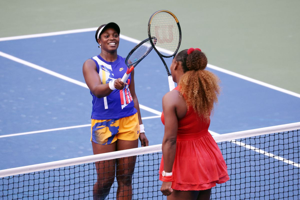Sloane Stephens of the United States greets Serena Williams of the United States at the net after their Women’s Singles third round match on Day Six of the 2020 US Open at USTA Billie Jean King National Tennis Center on September 05, 2020 in the Queens borough of New York City.