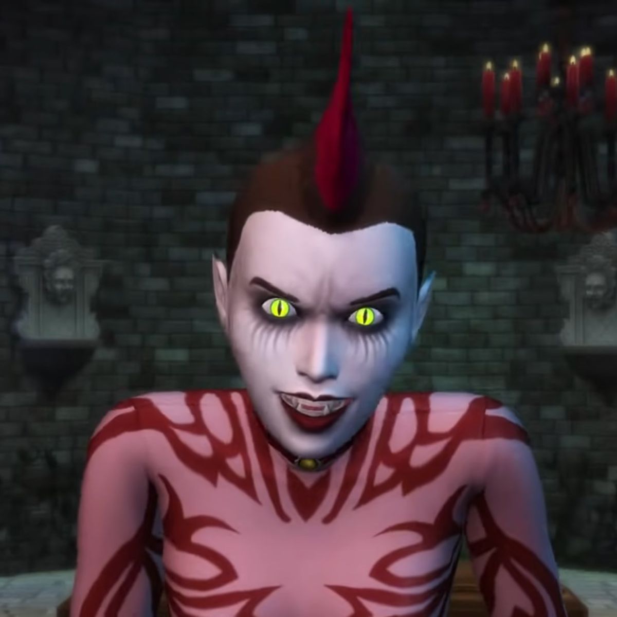 A Vampire Sim with green eyes and a mohawk cackles