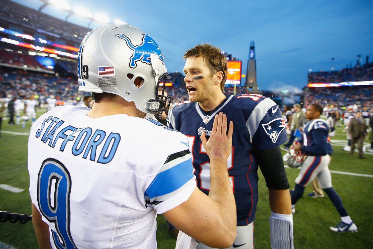 Tom Brady #12 of the New England Patriots shakes hands with Matthew Stafford #9 of the Detroit Lions after a game at Gillette Stadium on November 23, 2014 in Foxboro, Massachusetts.