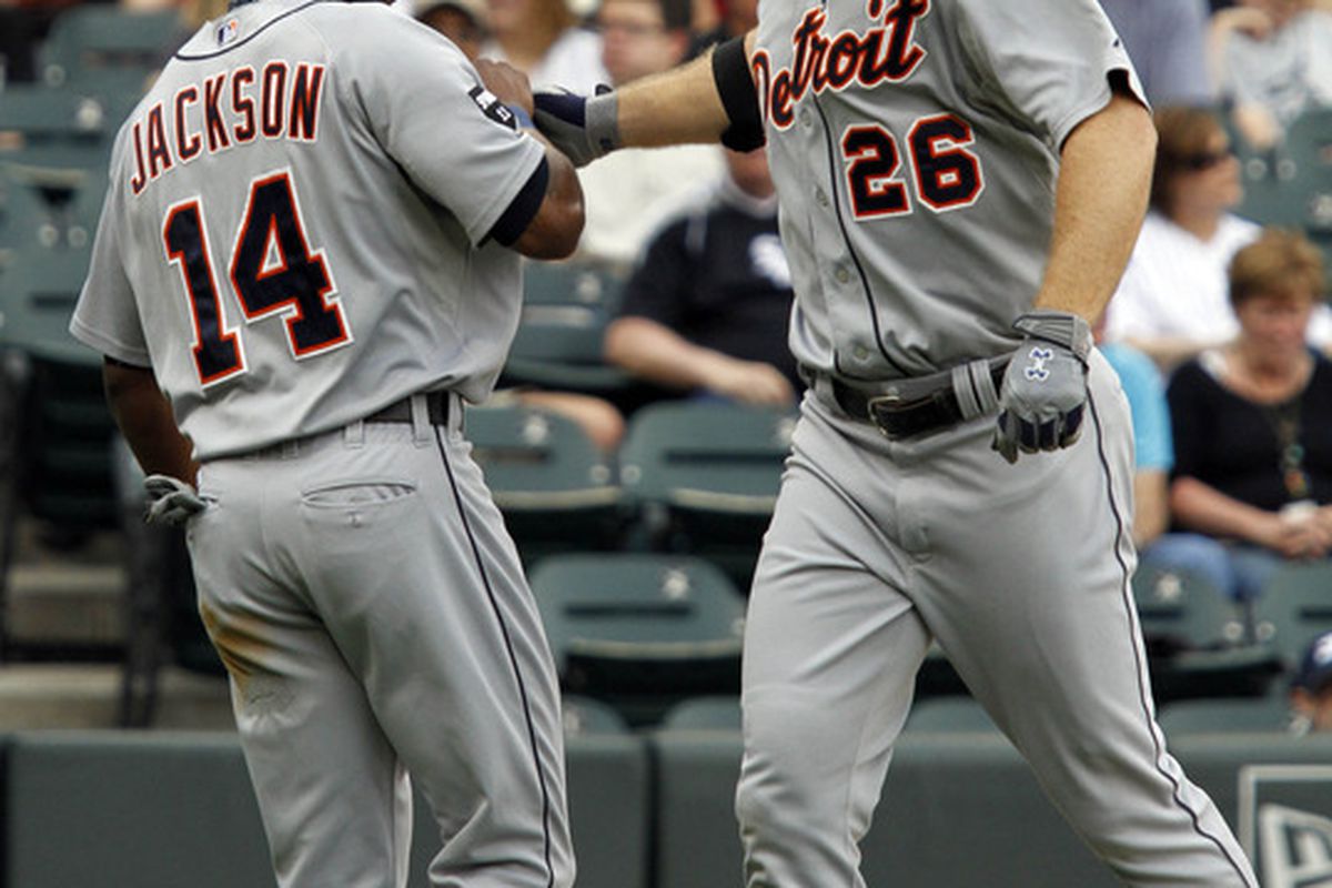 CHICAGO, IL - JUNE 04: Austin Jackson #14 and Brennan Boesch #26 of the Detroit Tigers celebrate a home run against the Chicago White Sox on June 4, 2011 at U.S. Cellular Field in Chicago, Illinois.  (Photo by Tasos Katopodis/Getty Images)
