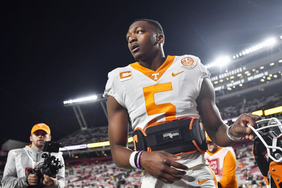 COLUMBIA, SC - November 19: Tennessee Volunteers quarterback Hendon Hooker gets ready to run onto the field during pregame of a college football game between the Tennessee Volunteers and South Carolina Gamecocks at Williams-Brice Stadium on Saturday, November 19, 2022 in Columbia, SC.