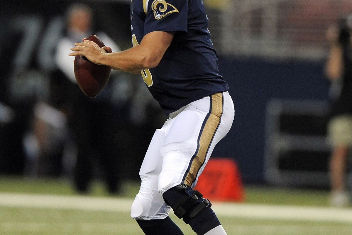 August 30, 2012; St. Louis, MO, USA; St. Louis Rams quarterback Sam Bradford (8) drops back to pass against the Baltimore Ravens during the first half at the Edward Jones Dome. Mandatory Credit: Jeff Curry-US PRESSWIRE