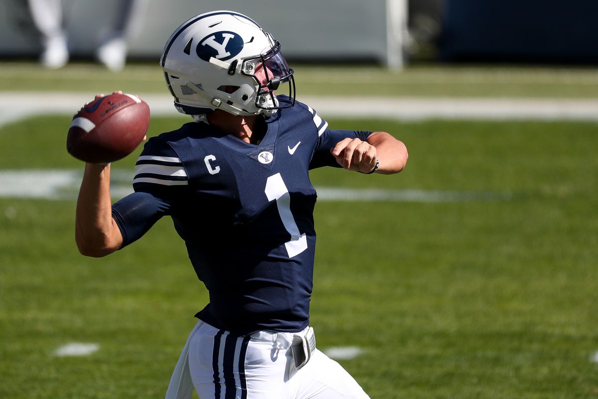 Brigham Young Cougars quarterback Zach Wilson (1) warms up before the game against UTSA at LaVell Edwards Stadium in Provo on Saturday, Oct. 10, 2020.