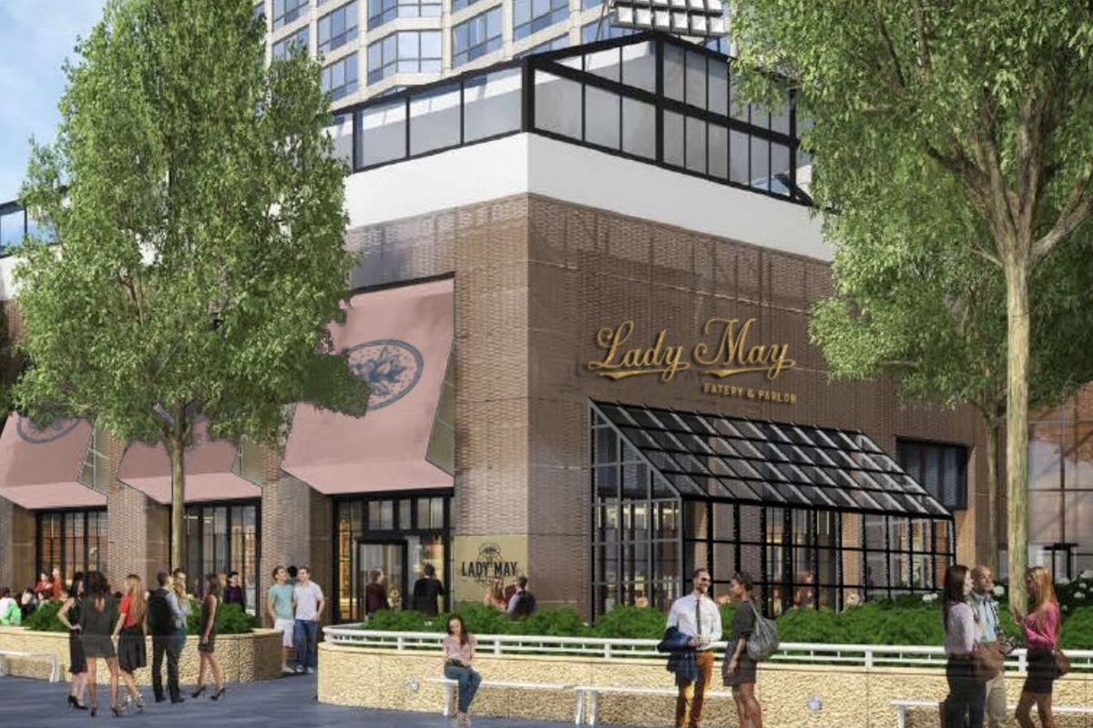 A rendering of a large brick restaurant with a sign that reads “Lady May.”