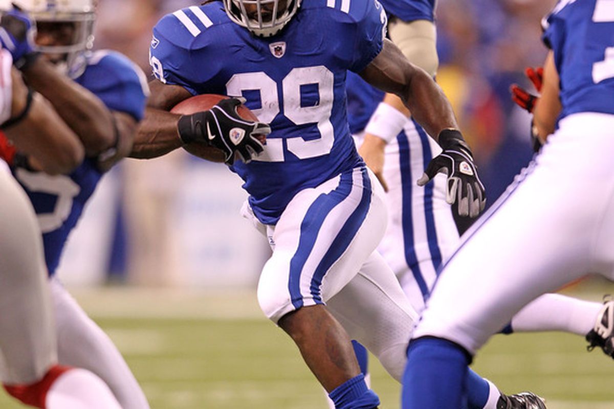 INDIANAPOLIS - SEPTEMBER 19: Joesph Addai #29  of the Indianapolis Colts runs with the ball during  the NFL game against the New York Giants  at Lucas Oil Stadium on September 19 2010 in Indianapolis Indiana.  (Photo by Andy Lyons/Getty Images)