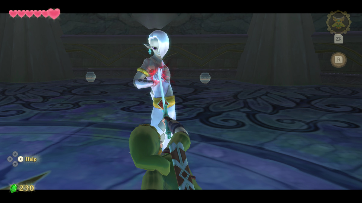 A boss battle with Demon Lord Ghirahim from The Legend of Zelda: Skyward Sword